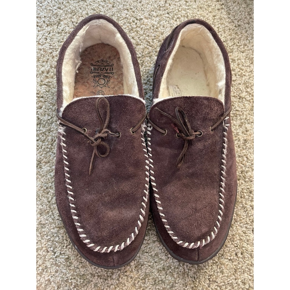 Eddie Bauer Mens Brown Suede Shearling Lined Moccasin Slippers Size 14